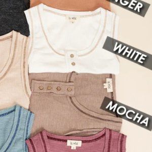 Ribbed cotton, sleeveless henley top- MOCHA